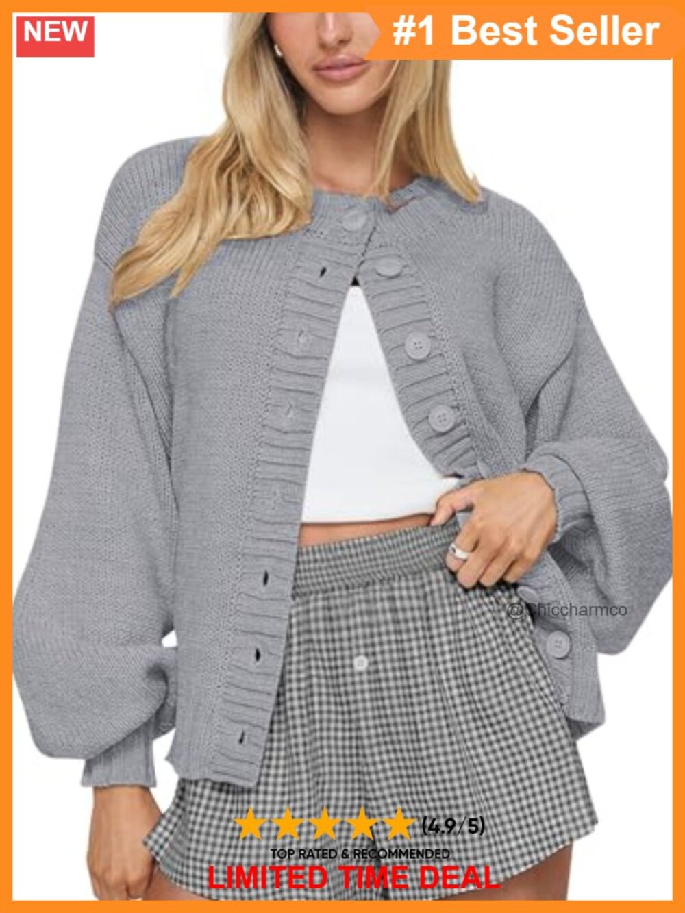 Women's Oversized Chunky Knit Button Front Cardigan Lantern Sleeve